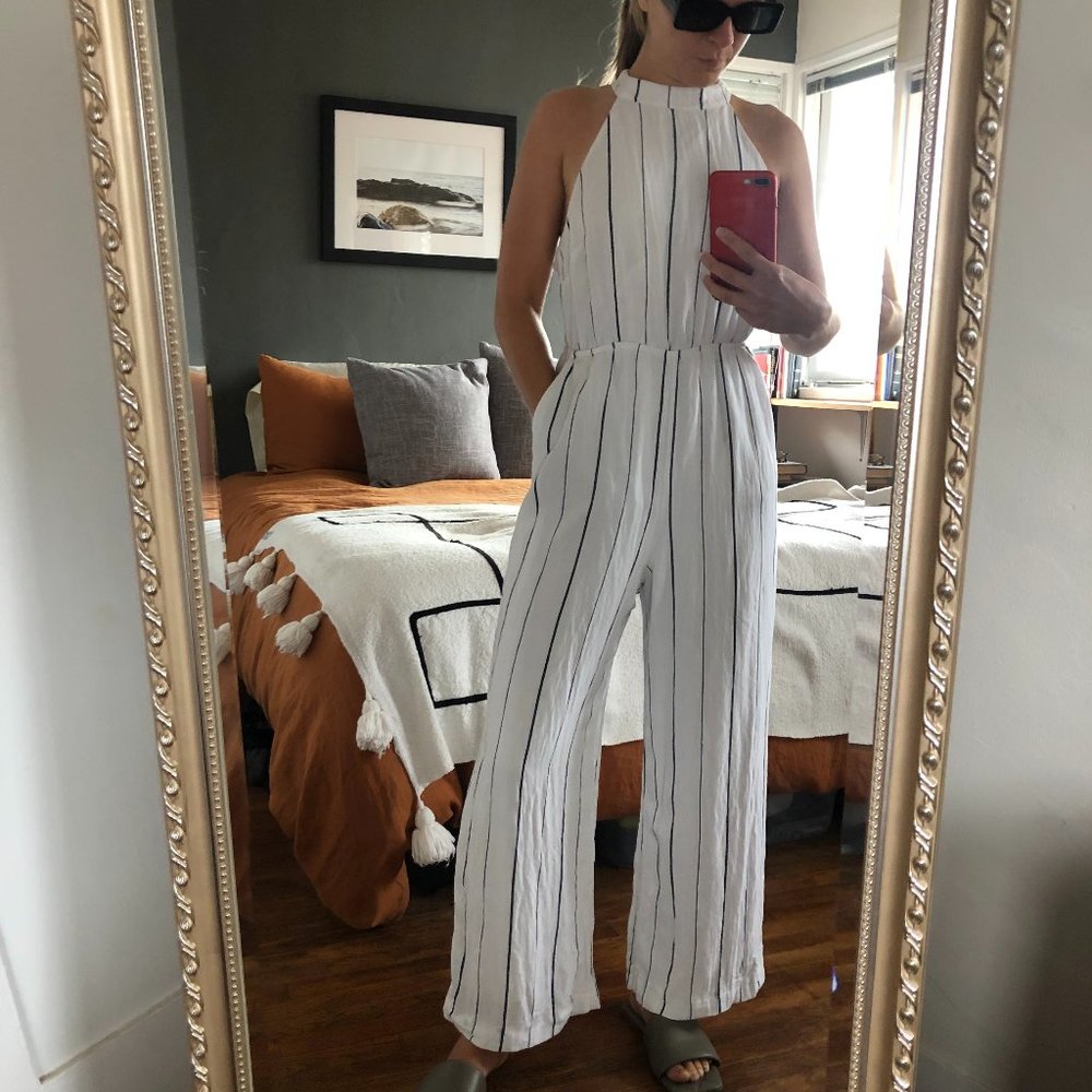 White & Blue Pinstripe Linen Jumpsuit